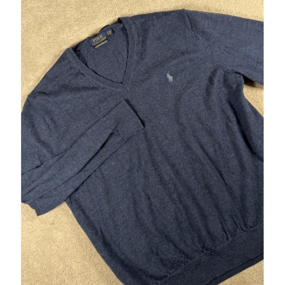 Polo Ralph Lauren Mens Lg V‎ Neck Sweater Blue Washable Merino Wool Pony Preppy